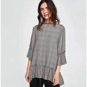 Zara Plaid Fringe Edge Ruffle Top Size S